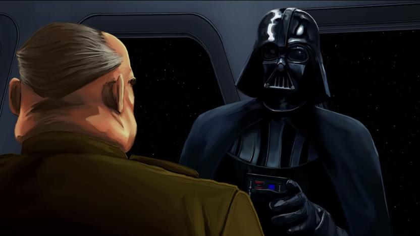A screenshot showing the back of a balding man wearing a military uniform facing Darth Vader wearing a black tunic, a black helmet and a black mask.
