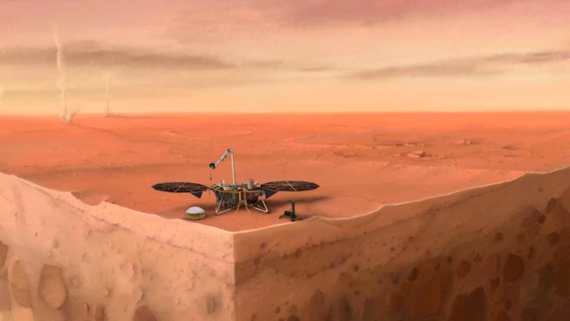 An artist's rendition of the InSight lander on Mars, showing a cross section of the planet's interior