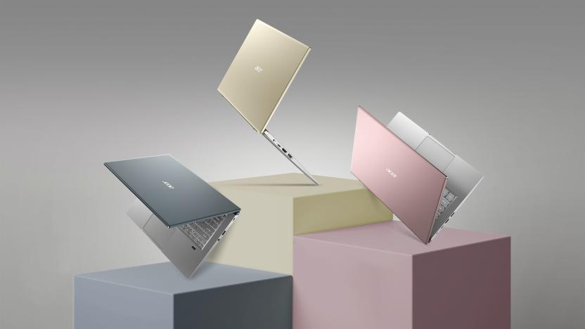 Promotional image of three Acer Swift X models floating on different pedestals.