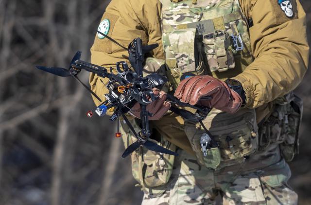 DONETSK OBLAST, UKRAINE - FEBRUARY 8: A Ukrainian serviceman prepares to operate an unmanned air vehicle (UAV) in Donetsk Oblast, Ukraine on February 08, 2023. (Photo by Mustafa Ciftci/Anadolu Agency via Getty Images)