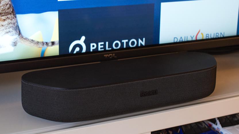 Roku Streambar soundbar on a white table.