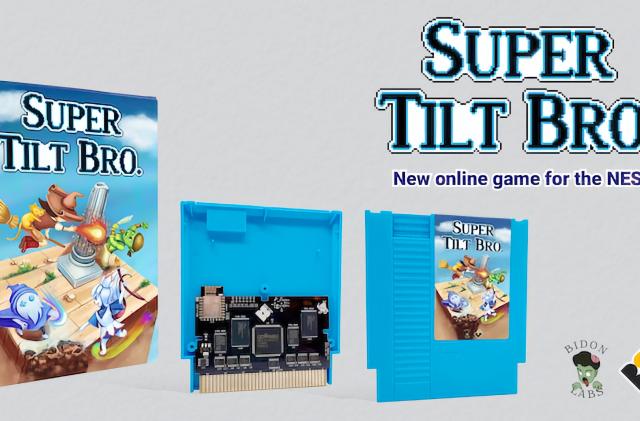 Marketing image for NES homebrew game ‘Super Tilt Bro.’ It shows the cover art on the left, a cross-section of the WiFi enabled cartridge in the center and the standard cartridge on the right. The heading reads, ‘Super Tilt Bro., New online game for the NES.’