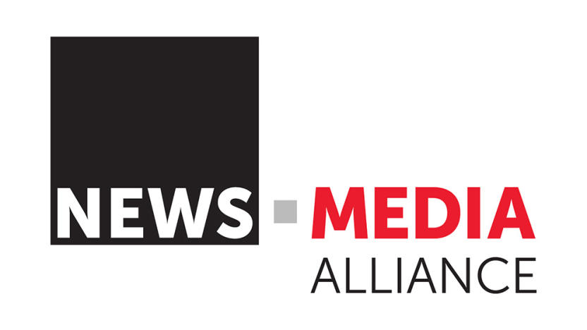 Logo for The News / Media Alliance, featuring white, red and black fonts on black and white backgrounds.