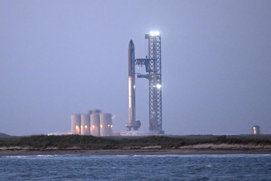 A view of the SpaceX Starship as it stands on the launch pad ahead of a flight test from Starbase in Boca Chica, Texas, early on April 17, 2023.