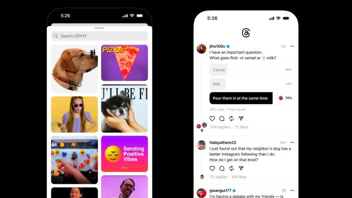 Side by side screenshots of the Threads app showing the GIPHY library and a user-created poll
