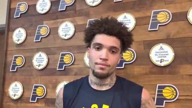 New Mexico State star Teddy Allen speaks to the media after his Pacers pre-draft workout