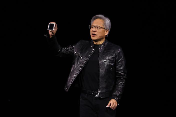 SAN JOSE, CALIFORNIA - MARCH 18: Nvidia CEO Jensen Huang delivers a keynote address during the Nvidia GTC Artificial Intelligence Conference at SAP Center on March 18, 2024 in San Jose, California. The developer conference is expected to highlight new chip, software, and AI processor technology.  (Photo by Justin Sullivan/Getty Images)