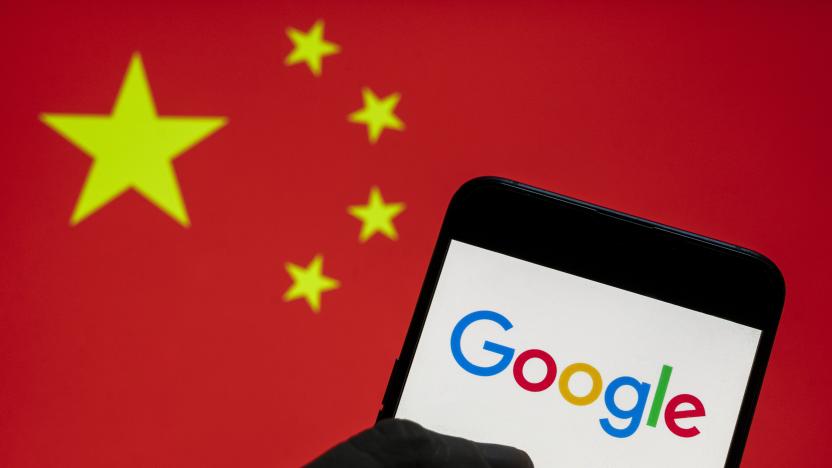 CHINA - 2021/03/28: In this photo illustration the American multinational technology company and search engine Google logo seen on an Android mobile device with People's Republic of China flag in the background. (Photo Illustration by Budrul Chukrut/SOPA Images/LightRocket via Getty Images)