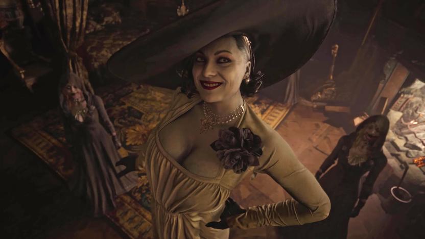 'Resident Evil: Village' character Lady Dimitrescu smiles at the camera in this promotional still from the game.