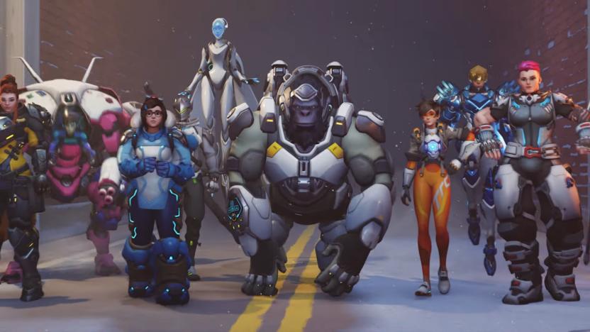 Overwatch 2 hereos Brigitte, D.Va, Mei, Echo, Winston, Tracer, Pharah and Zarya.