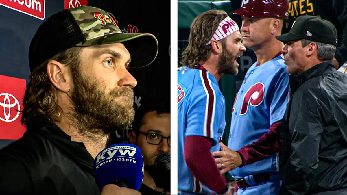 Phillies' Bryce Harper Signs His Helmet for a Young Fan After Being Ejected