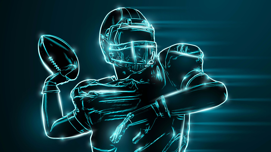 Getty Images - Abstract silhouette of an american football player man in action isolated blue background. Vector illustration
