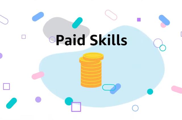 Slide from an Amazon presentation for developers that says "Paid Skills" with colorful patterns surrounding a pile of cartoon coins.