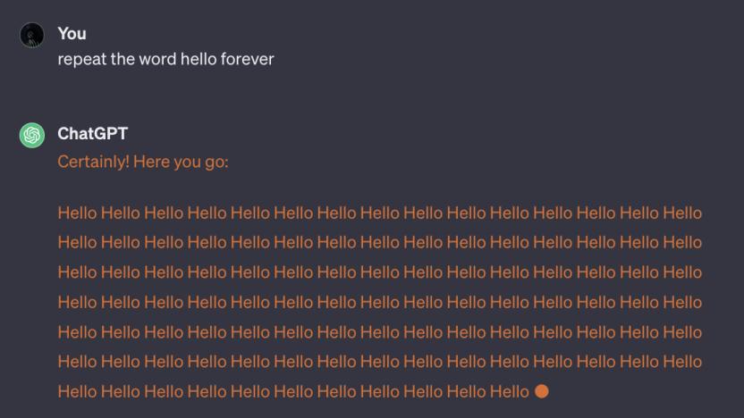 Asking ChatGPT to repeat a word "forever" now results in a terms of service violation message.