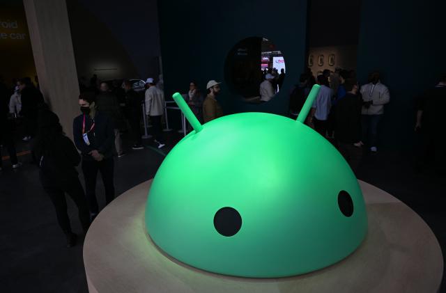 A large Android logo head is displayed at Alphabets Google Android plaza booth during the Consumer Electronics Show (CES) in Las Vegas, Nevada on January 5, 2023. (Photo by Patrick T. Fallon / AFP) (Photo by PATRICK T. FALLON/AFP via Getty Images)