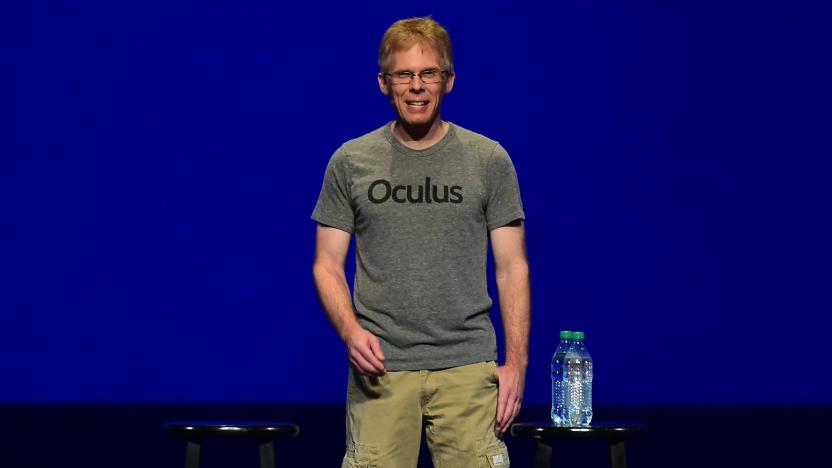 Technology guru John Carmack of Oculus makes a keynote address at the Dolby Theater in Hollywood, California on September 24, 2015 at the Oculus Connect 2 event. AFP PHOTO / FREDERIC J. BROWN        (Photo credit should read FREDERIC J. BROWN/AFP via Getty Images)