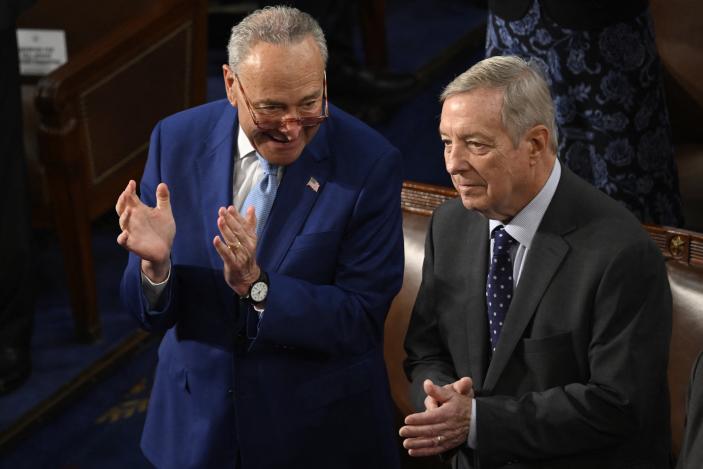 US Senate Majority Leader Chuck Schumer (D-NY) and US Senator Dick Durbin (D-IL) (R) speak prior to an address by Israeli President Isaac Herzog, during a Joint Meeting of Congress in the House Chamber of the US Capitol in Washington, DC, on July 19, 2023. (Photo by ANDREW CABALLERO-REYNOLDS / AFP) (Photo by ANDREW CABALLERO-REYNOLDS/AFP via Getty Images)