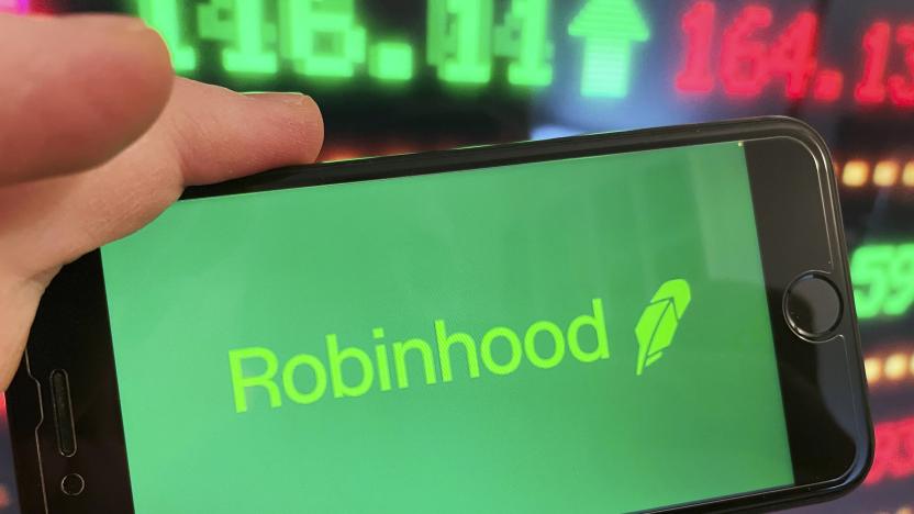 Photo by: STRF/STAR MAX/IPx 2021 1/29/21 Dow drops more than 600 points today to finish the worst week since October 2020 amidst the trading frenzy with GameStop, AMC and other stocks. Robinhood has come under intense scrutiny as it is now limiting trades on more than 50 stocks. Trading platforms such as STASH have issued statements favoring long term over short term trading. Platforms have struggled to keep up with the volume of trades being executed. STAR MAX Photo: An Robinhood logo and stock ticker symbols photographed off Apple devices.