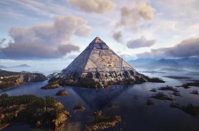 Screenshot from Talos Principle 2 trailer, featuring a futuristic pyramid