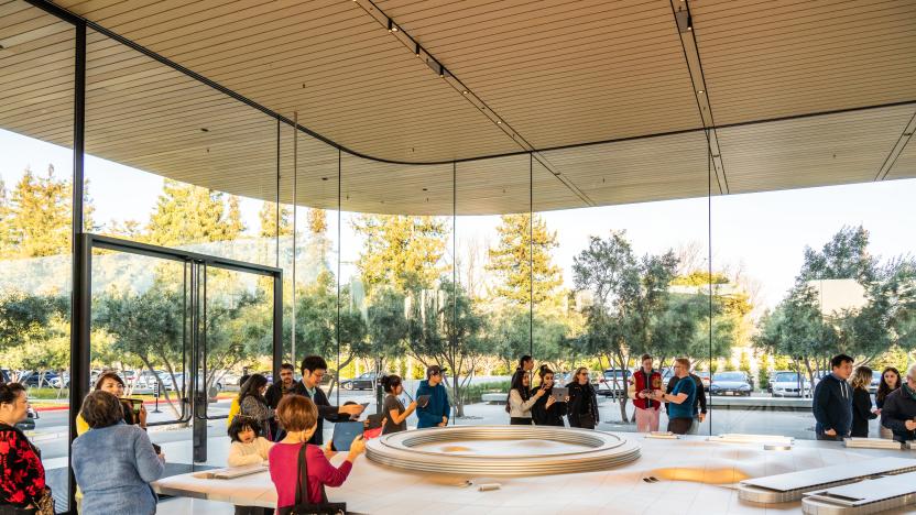 CUPERTINO, UNITED STATES - 2020/02/23: Customers at the Apple Park Visitor Center in Cupertino. (Photo by Alex Tai/SOPA Images/LightRocket via Getty Images)