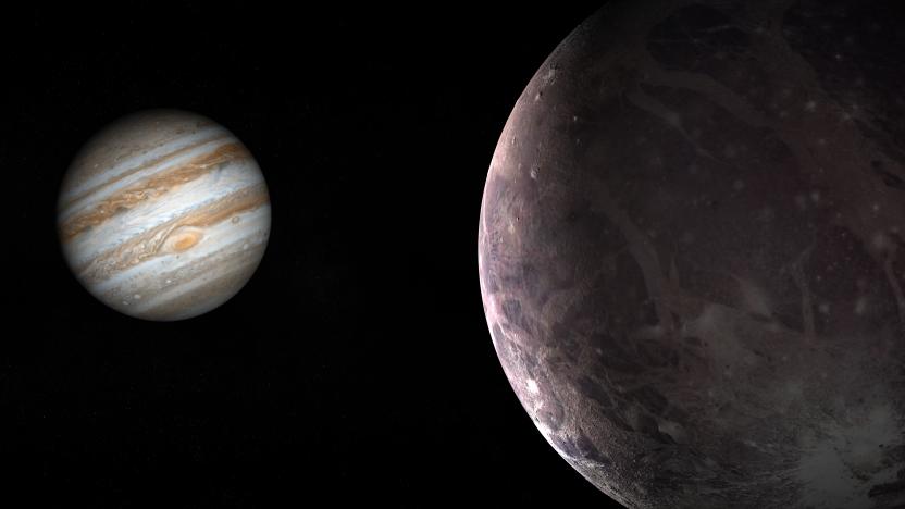 Jupiter planet and satellite Ganymede in rotation in the outer space. 3d render