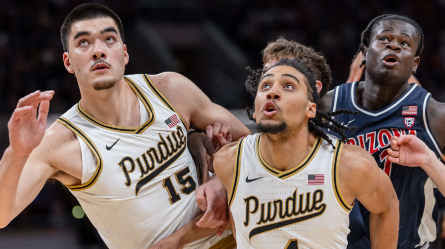 Getty Images - INDIANAPOLIS, INDIANA - DECEMBER 16: Zach Edey #15 of the Purdue Boilermakers and Trey Kaufman-Renn #4 of the Purdue Boilermakers block out during the game against the Arizona Wildcats in the Indy Classic at Gainbridge Fieldhouse on December 16, 2023 in Indianapolis, Indiana. (Photo by Michael Hickey/Getty Images)