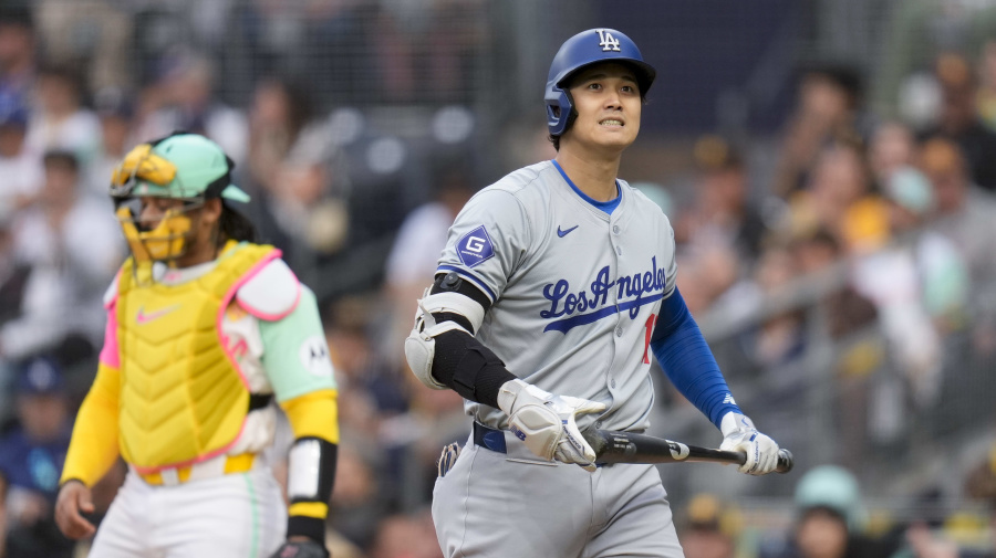 Associated Press - Los Angeles Dodgers' Shohei Ohtani reacts after striking out during the first inning of a baseball game against the San Diego Padres, Friday, May 10, 2024, in San Diego. (AP Photo/Gregory Bull)