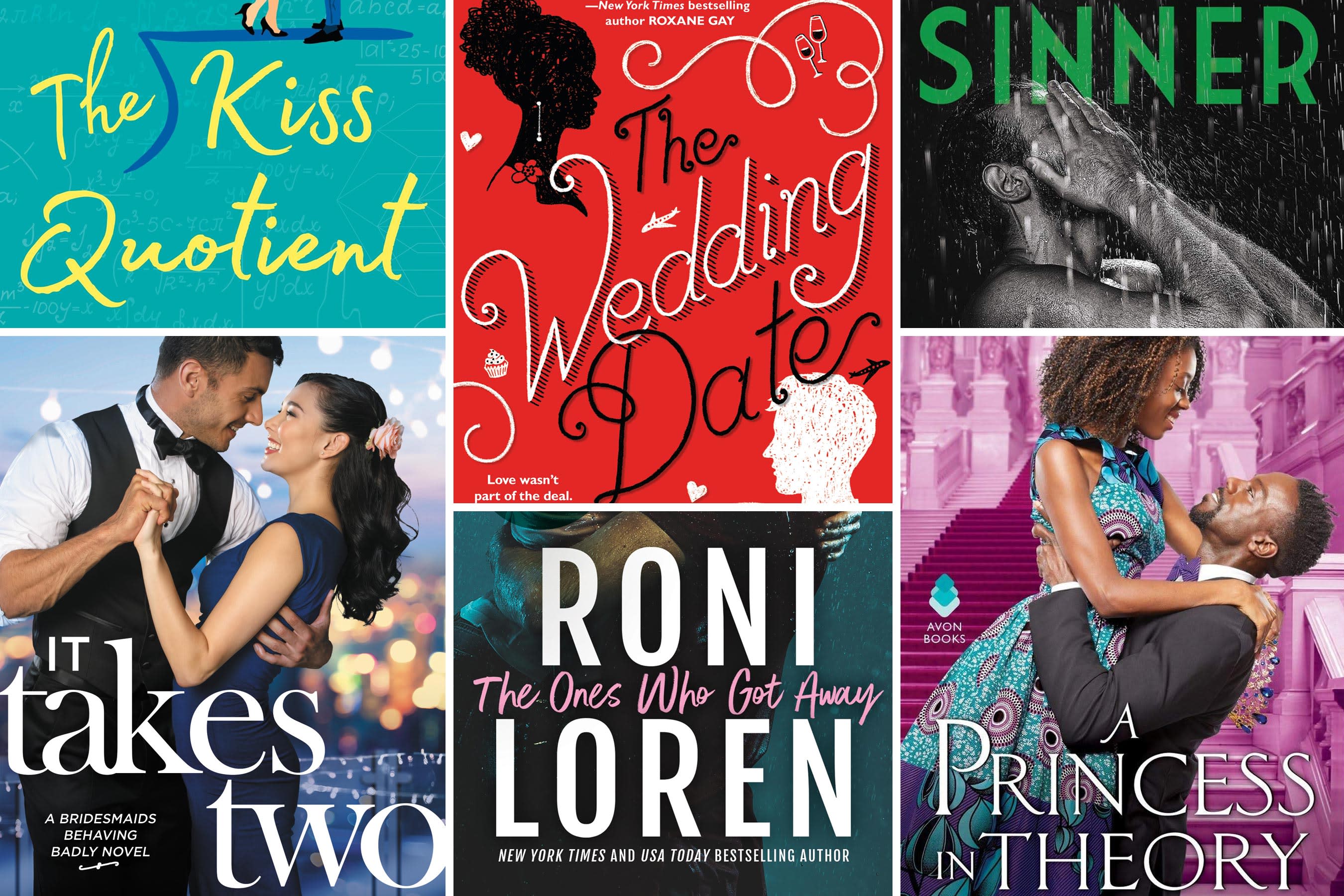  A collage of popular romance novels with titles such as The Kiss Quotient, The Wedding Date, and A Princess in Theory.