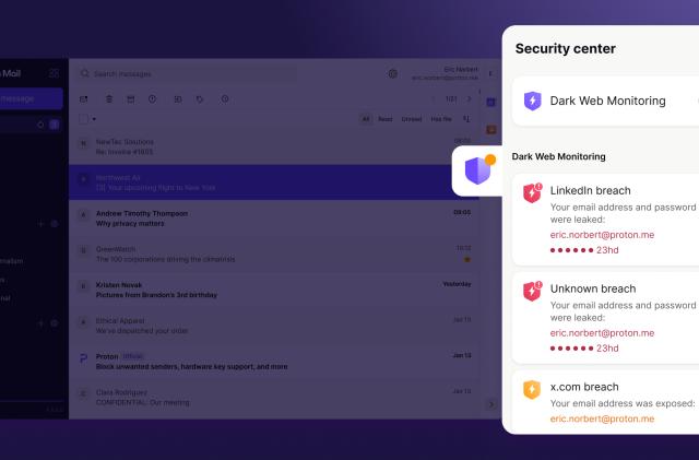 An example of Proton Mail's leak alerts, showing multiple breaches affecting a user