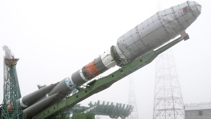 KAZAKHSTAN  MARCH 2, 2022: A Soyuz-2.1b rocket booster with a Fregat upper stage carrying British OneWeb satellites is being installed on a launch pad at the Baikonur Cosmodrome. The launch is scheduled for 5 March 2022 at 01:41 Moscow time. Roscosmos Press Office/TASS

THIS IMAGE WAS PROVIDED BY A THIRD PARTY. EDITORIAL USE ONLY
 (Photo by Roscosmos Press Office\TASS via Getty Images)