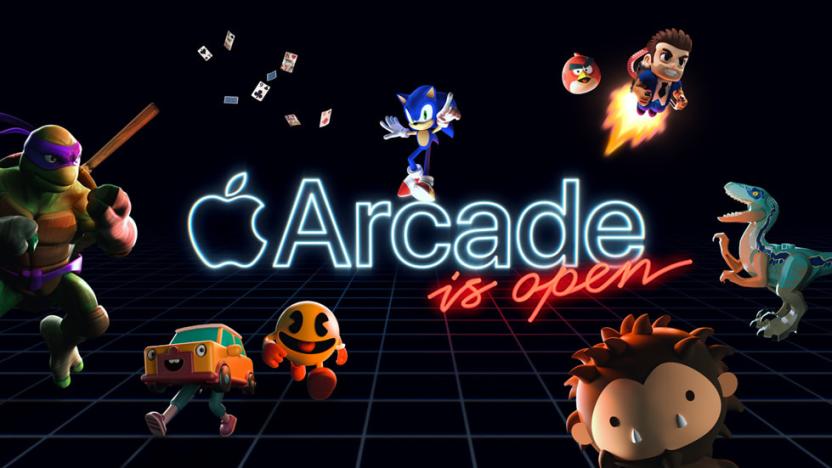 Video game characters including Donatello from Teenage Mutant Ninja Turtles, Sonic, Pac-Man and one of the Angry Birds surround text reading "Apple Arcade is open."