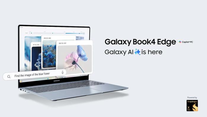 Marketing image of the Samsung Galaxy Book4 Edge laptop. It sits in front of a subtle gray gradient background. Beneath the laptop’s name, the text: "Galaxy AI is here."
