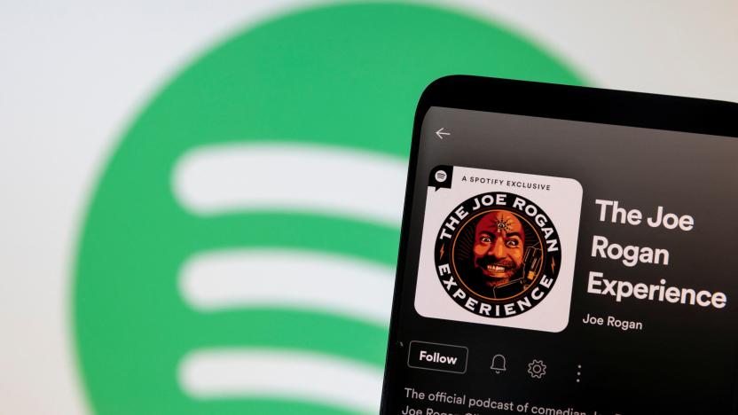 Joe Rogan's Spotify profile is seen in front of displayed Spotify logo in this photo illustration taken, February 7, 2022. REUTERS/Dado Ruvic/Illustration