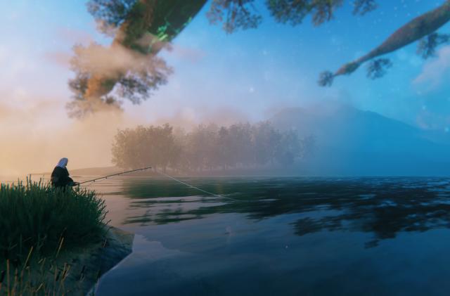 A character in Valheim is sitting on an embankment and fishing. Fog masks distant trees and mountains.