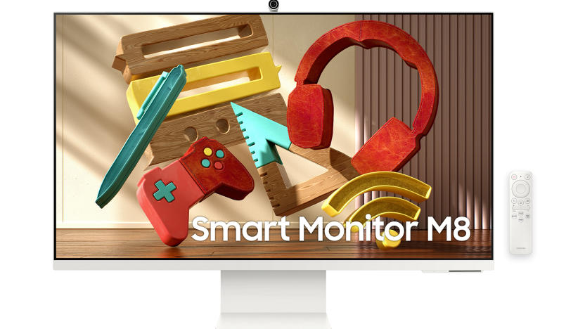 Product image for the Samsung Smart Monitor M8. The monitor sits in front of a plain white background with a colorful graphic (including cut-out earphones, pen and gaming controller) with "Smart Monitor M8" overlayed below.