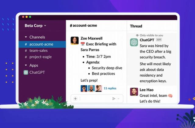 Illustration of the ChatGPT app in Slack, showing an AI-generated summary of a thread.