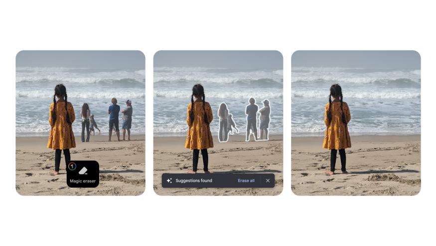 Screenshots showing Google's Magic Eraser tool being used to remove people from a photo of a young girl looking out at the ocean.
