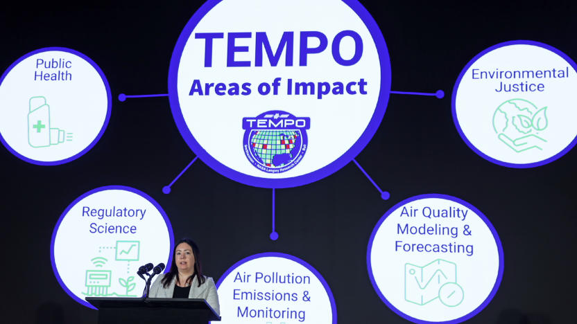 WASHINGTON, DC - MARCH 14: Applied Sciences Health and Air Quality Associate Program Manager at NASA Laura Judd speaks during a news briefing on NASA’s TEMPO instrument at the Smithsonian National Air and Space Museum on March 14, 2023 in Washington, DC. The NASA and the Smithsonian Astrophysical Observatory hold a briefing on NASA's TEMPO (Tropospheric Emissions: Monitoring of Pollution) instrument, "the first space-based instrument to observe major air pollutants across North America every hour during the daytime." (Photo by Alex Wong/Getty Images)