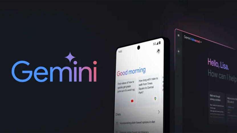 An ad for Google Gemini showing a fancy blue and red font-styling of the word Gemini next to a phone screen with "Good morning" on the screen.