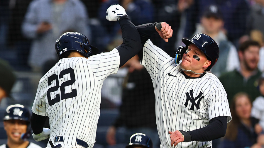 Getty Images - BRONX, NY - APRIL 08: Juan Soto #22 of the New York Yankees high fives Alex Verdugo #24 at home plate after hitting a three run home run during the fourth inning of the game against the Miami Marlins at Yankee Stadium on April 8, 2024 in the Bronx, New York.   (Photo by Rich Graessle/Icon Sportswire via Getty Images)