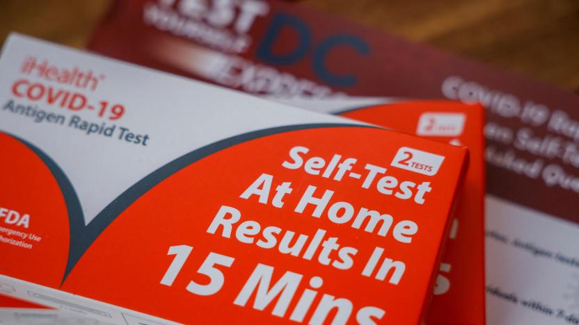 Take home COVID-19 self testing kits provided by the District of Columbia government, which provides city residents four free take home tests per day, are seen in this illustration taken January 11, 2022. REUTERS/Evelyn Hockstein/Illustration