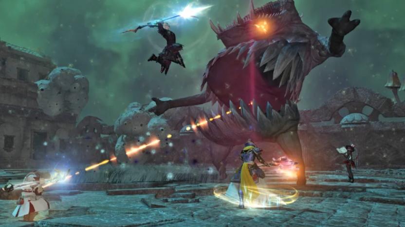 An image of Final Fantasy 14 showing players fighting a monster.