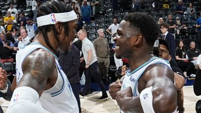 Associated Press - Minnesota Timberwolves forward Jaden McDaniels, left, celebrates with guard Anthony Edwards after Game 7 of an NBA second-round playoff series against the Denver Nuggets, Sunday, May 19, 2024, in Denver. (AP Photo/David Zalubowski)