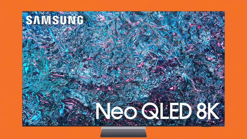 Product image of the latest Samsung Neo QLED 8K TV. Blue / purple patterns on the TV, showing off its resolution. Orange background.