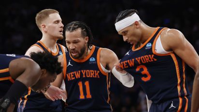 Getty Images - NEW YORK, NEW YORK - APRIL 22: OG Anunoby #8, Josh Hart #3, Jalen Brunson #11, and Donte DiVincenzo #0 of the New York Knicks talk during the second half against the Philadelphia 76ers in Game Two of the Eastern Conference First Round Playoffs at Madison Square Garden on April 22, 2024 in New York City. The Knicks won 104-101. NOTE TO USER: User expressly acknowledges and agrees that, by downloading and or using this photograph, User is consenting to the terms and conditions of the Getty Images License Agreement. (Photo by Sarah Stier/Getty Images)