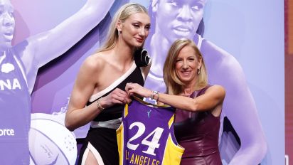 Getty Images - NEW YORK, NEW YORK - APRIL 15: Cameron Brink poses with WNBA Commissioner Cathy Engelbert after being selected second overall pick by the Los Angeles Sparks during the 2024 WNBA Draft at Brooklyn Academy of Music on April 15, 2024 in New York City. (Photo by Sarah Stier/Getty Images)