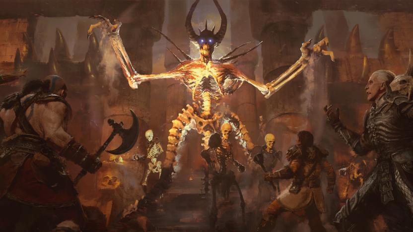 Artwork showing Mephisto from Diablo II. In front of him are the Barbarian, Druid and Necromancer.