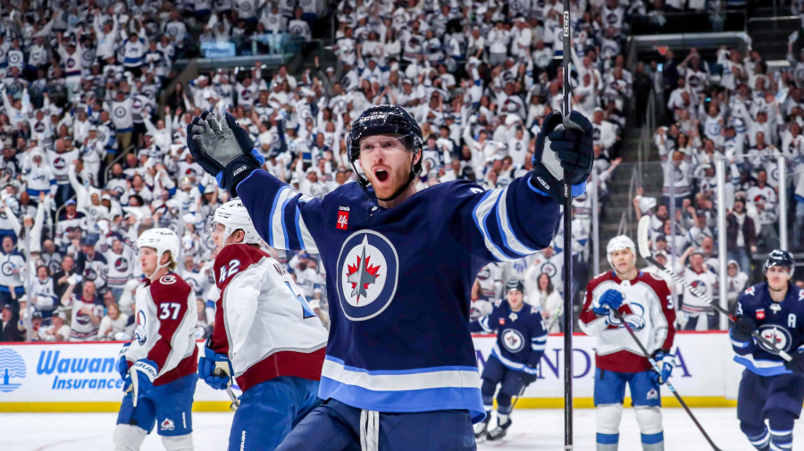 Getty Images - WINNIPEG, CANADA - APRIL 21: Kyle Connor #81 of the Winnipeg Jets celebrates after scoring a third period goal against the Colorado Avalanche in Game One of the First Round of the 2024 Stanley Cup Playoffs at the Canada Life Centre on April 21, 2024 in Winnipeg, Manitoba, Canada. (Photo by Darcy Finley/NHLI via Getty Images)