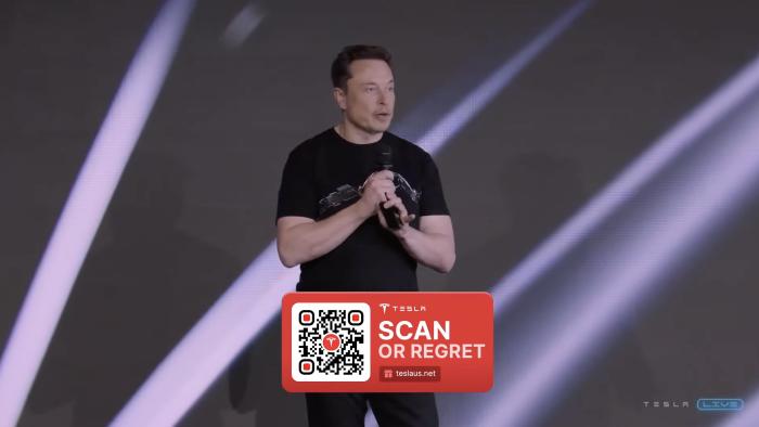 An AI-generated clip of Elon Musk with a qr code that says "scan or regret" from a crypto scam