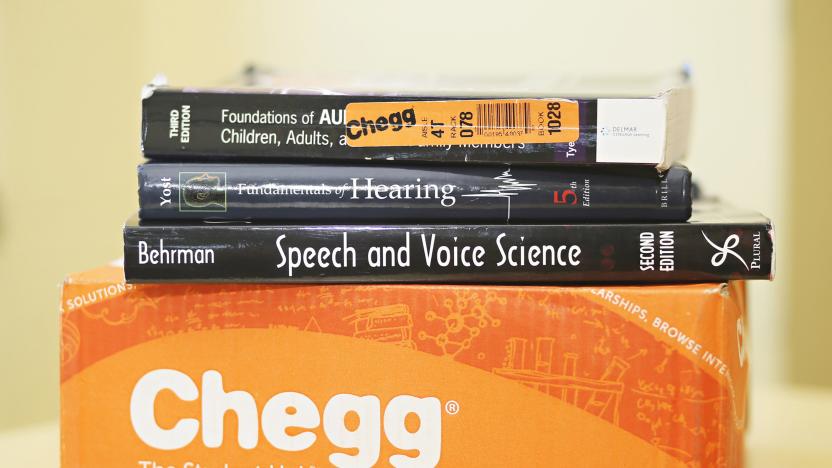 Kay Caprez, Kent State senior speech and pathology major, shows her Chegg books in the Kent State Library on Monday, Oct. 20, 2016 in Kent, Ohio. Caprez rents most of her textbooks from the online rental site. (Leah Klafczynski/Akron Beacon Journal/Tribune News Service via Getty Images)